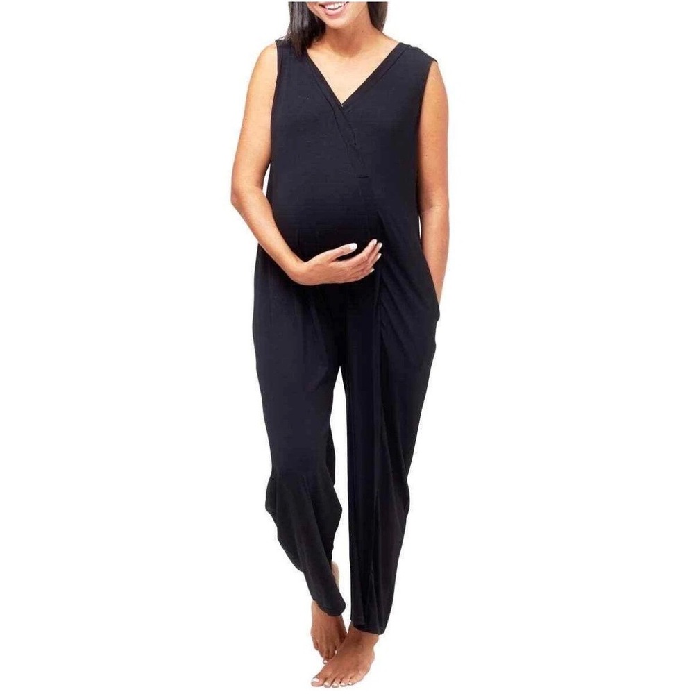 NOM Maternity Women Black Bamboo Nursing Jumpsuit Sleeveless Size L Tie Side
